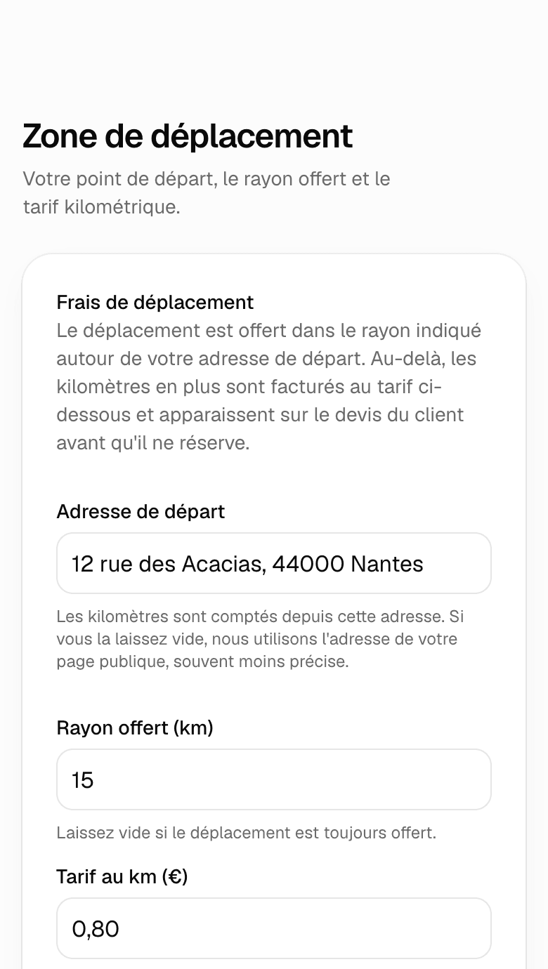 Écran Zone de déplacement : adresse de départ, rayon offert de 15 km et tarif de 0,80 € par kilomètre au-delà.