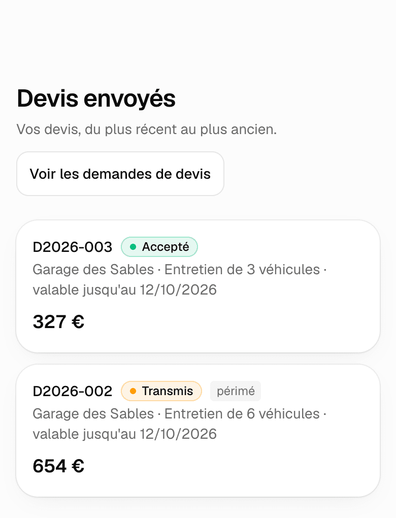 Écran Devis envoyés : deux devis à une entreprise cliente, l'un accepté à 327 €, l'autre transmis à 654 €.