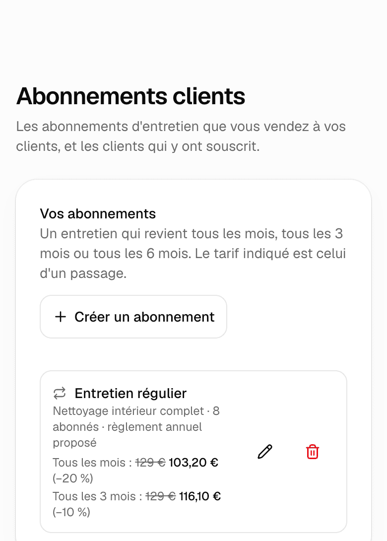 Écran Abonnements clients : la formule Entretien régulier, 8 abonnés, à 103,20 € par mois ou 116,10 € tous les 3 mois.